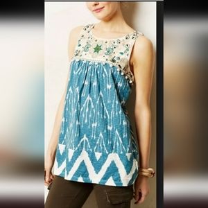 Anthropologie FLOREAT Top Women’s Sz Lg Embroidered Boho PomPom Sleeveless Tunic